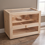 Two-level fir-wood hamster habitat with ladder and shelf in a living room - wrenwood hero