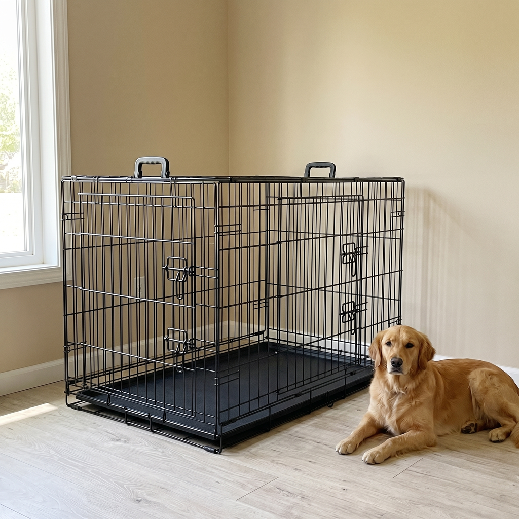 Black double-door folding wire dog crate in a living room with a golden retriever resting beside it - wrenwood hero