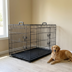 Black double-door folding wire dog crate in a living room with a golden retriever resting beside it - wrenwood hero