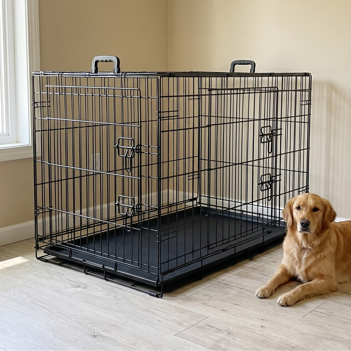 Black double-door folding wire dog crate in a living room with a golden retriever resting beside it - wrenwood hero