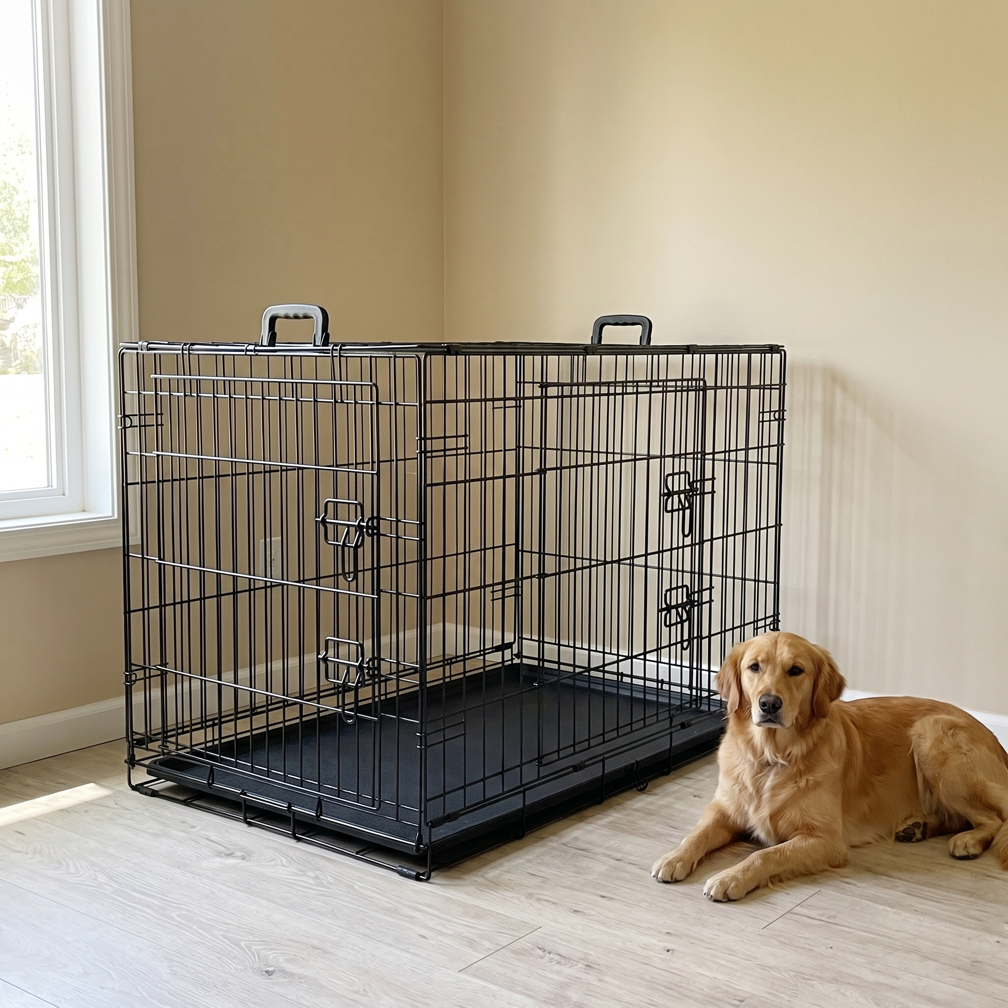 Black double-door folding wire dog crate in a living room with a golden retriever resting beside it - wrenwood hero