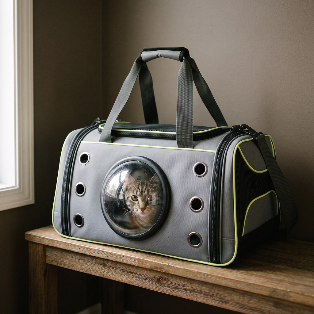 Grey bubble-window space-capsule pet carrier with a cat inside - wrenwood hero