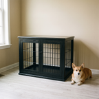 Black wooden dog crate end table in a living room with a corgi resting beside it - wrenwood hero