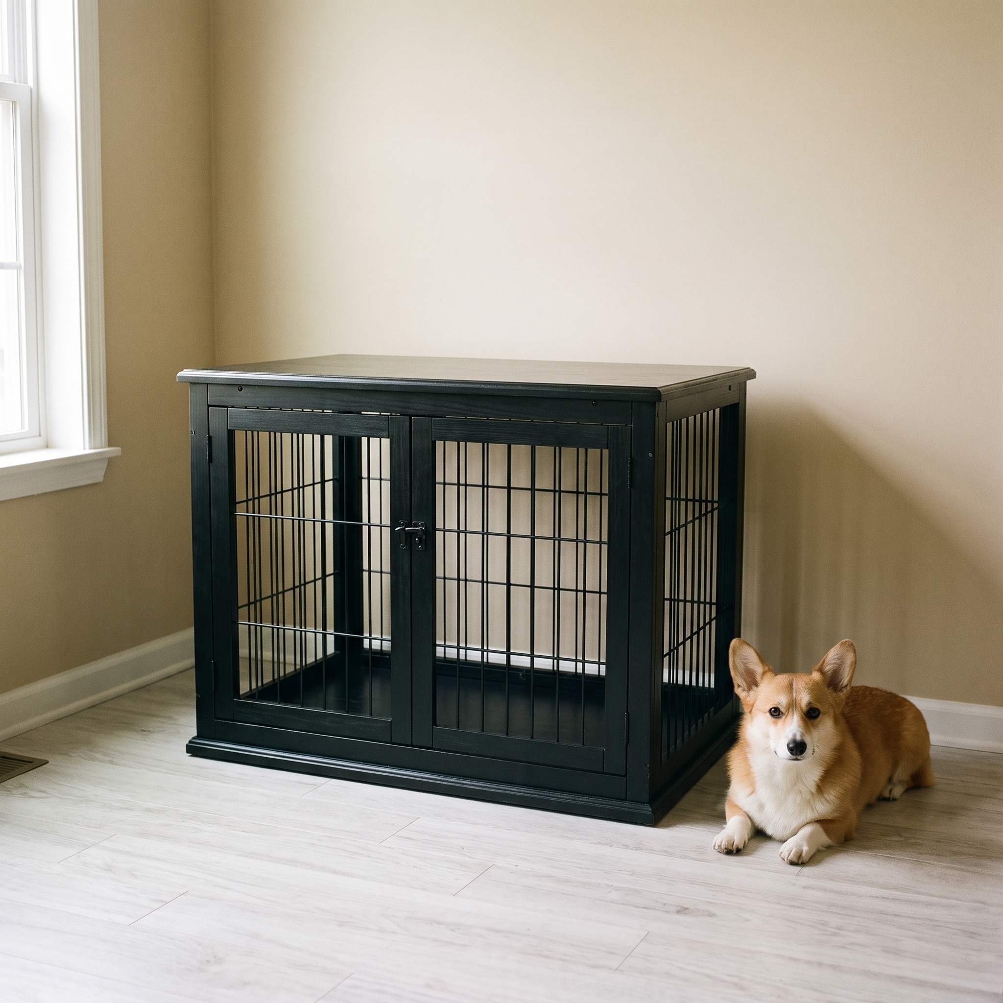 Black wooden dog crate end table in a living room with a corgi resting beside it - wrenwood hero