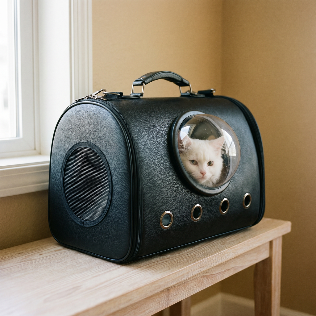 Black leather cat carrier tote with a bubble window and a white cat inside - wrenwood hero