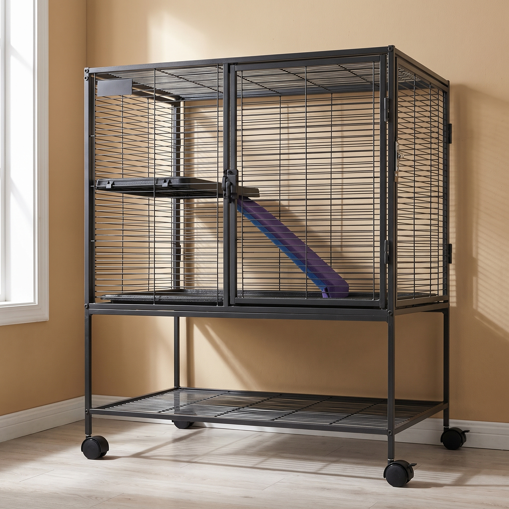 2-tier black wire rolling ferret cage with ramp in a home office - wrenwood hero