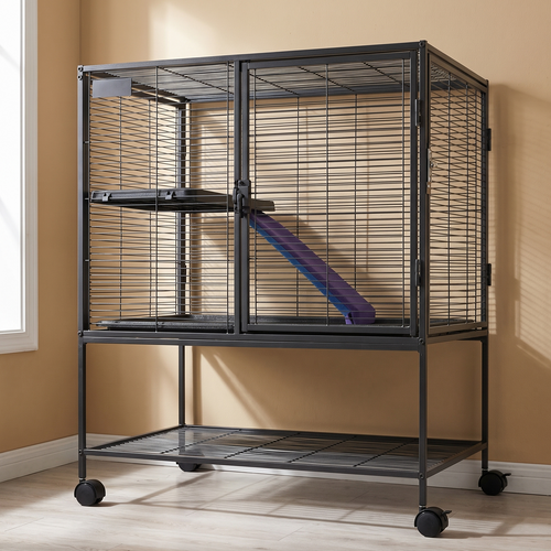 2-tier black wire rolling ferret cage with ramp in a home office - wrenwood hero