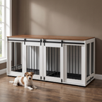 Large wooden dog crate furniture console in a living room with a small dog resting beside it - wrenwood hero
