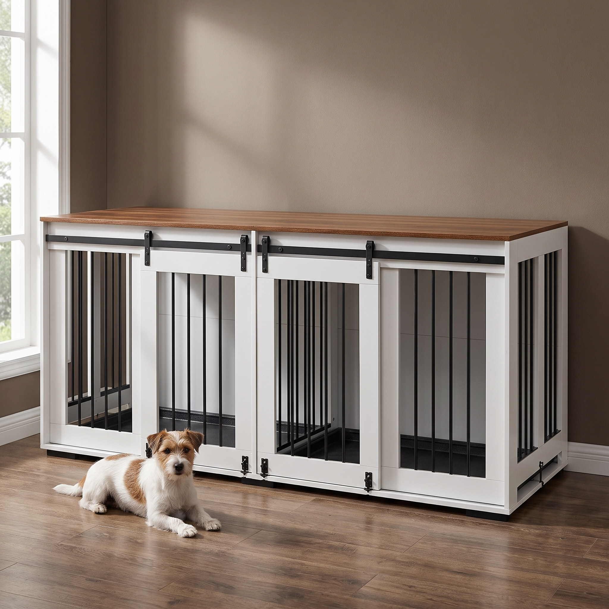 Large wooden dog crate furniture console in a living room with a small dog resting beside it - wrenwood hero