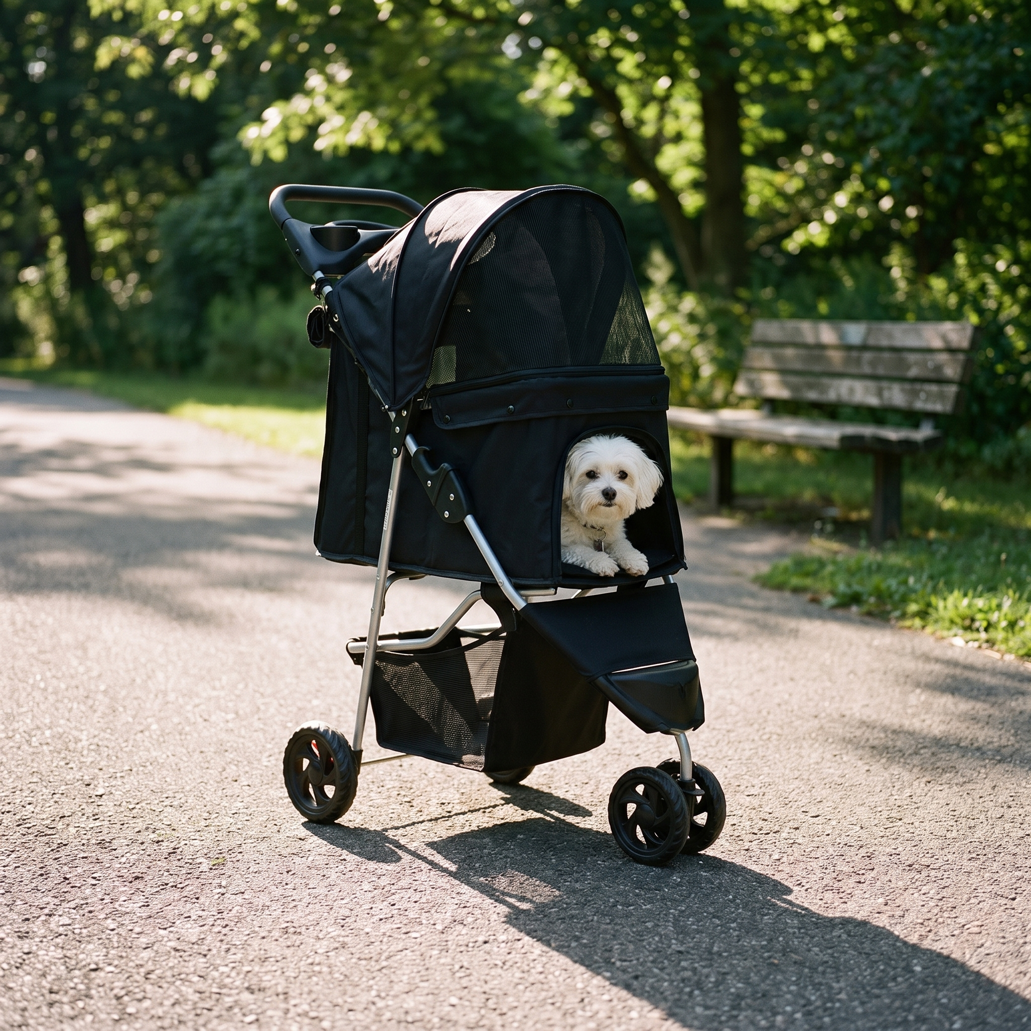 Black three-wheel pet stroller on a park path with a small white dog sitting inside - wrenwood hero