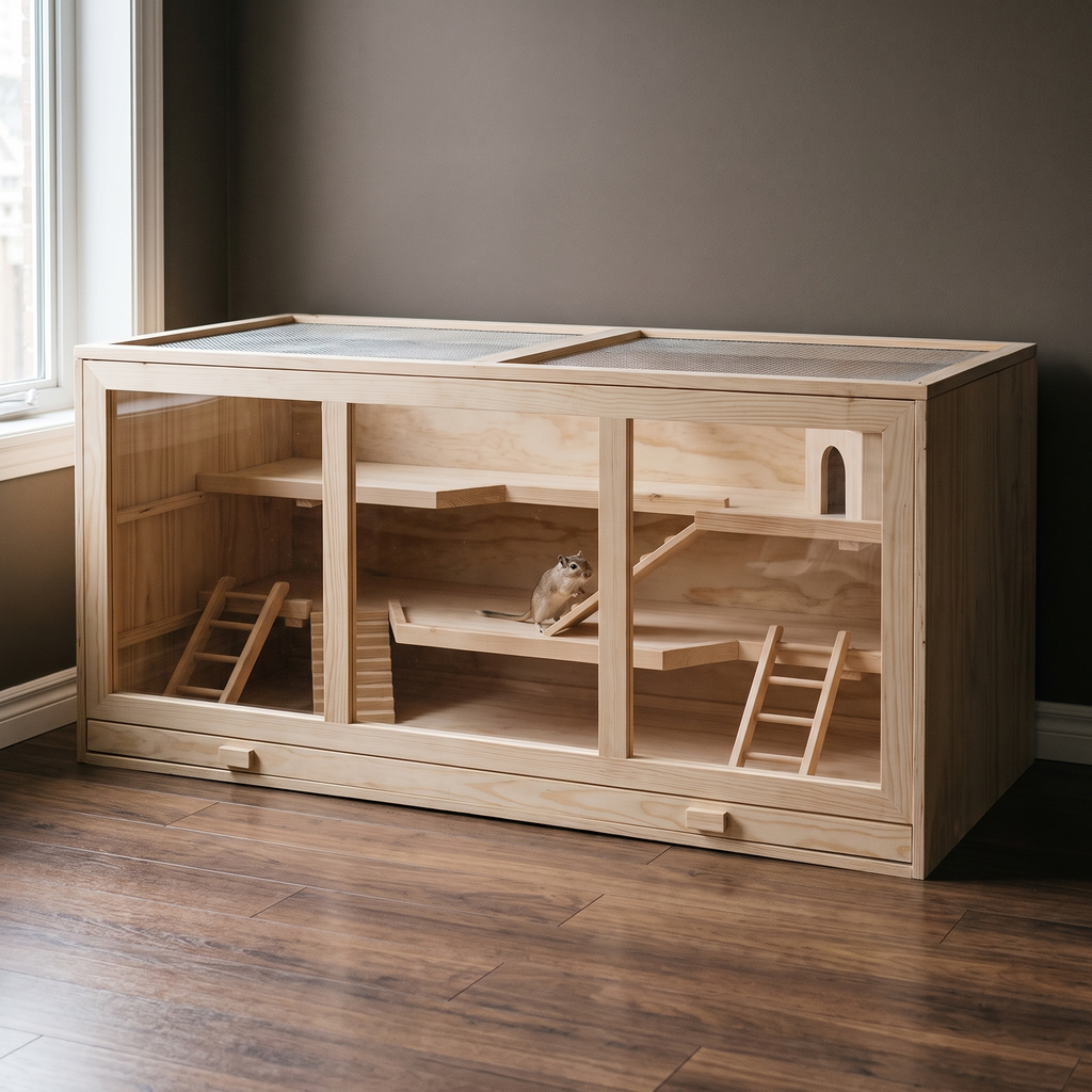 3-layer wooden hamster and gerbil habitat with ramps in a living room, gerbil inside - wrenwood hero