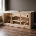 3-layer wooden hamster and gerbil habitat with ramps in a living room, gerbil inside - wrenwood hero