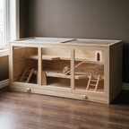 3-layer wooden hamster and gerbil habitat with ramps in a living room, gerbil inside - wrenwood hero
