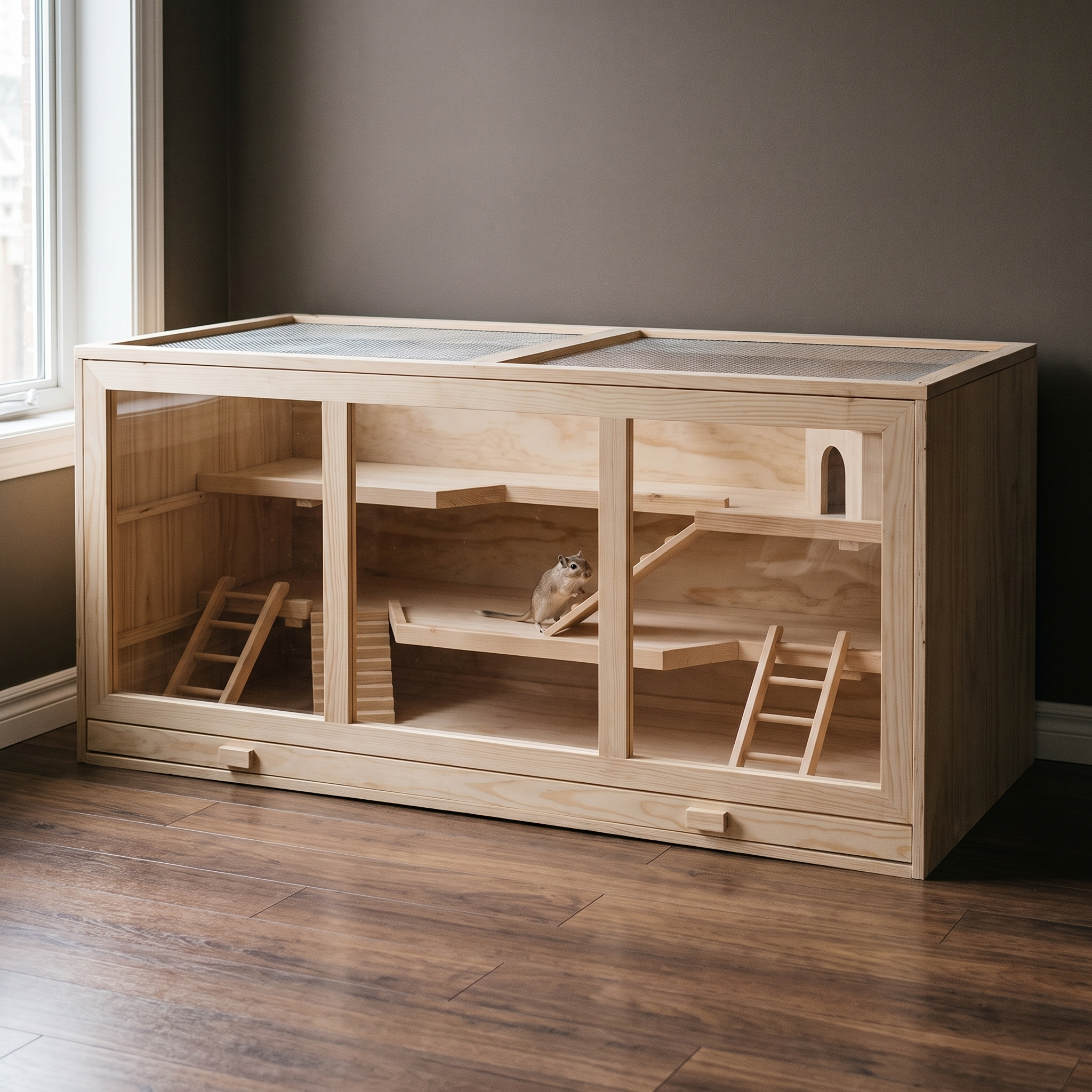 3-layer wooden hamster and gerbil habitat with ramps in a living room, gerbil inside - wrenwood hero