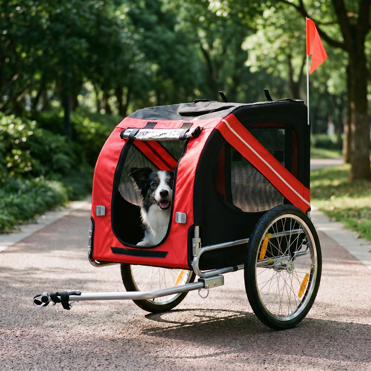 Red and black dog bike trailer on a park path with a dog sitting inside - wrenwood hero