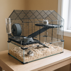 Multi-level wire hamster cage with wheel and ramp on a desk, hamster in the clear base - wrenwood hero