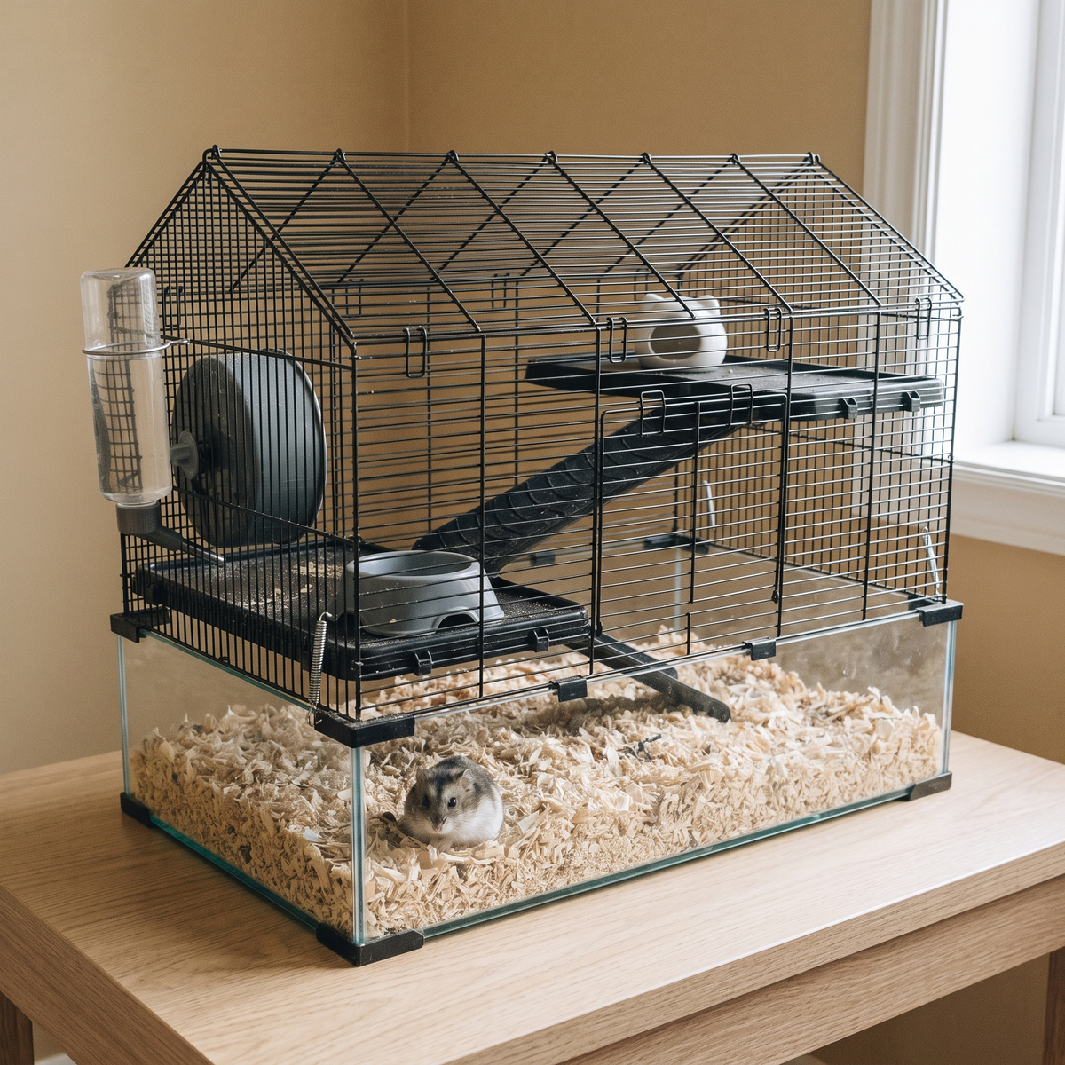 Multi-level wire hamster cage with wheel and ramp on a desk, hamster in the clear base - wrenwood hero