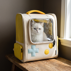 Cream retro console-style cat backpack carrier with a white cat inside - wrenwood hero