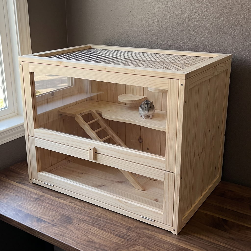 2-level wooden hamster habitat with ladder and platform, hamster inside - wrenwood hero