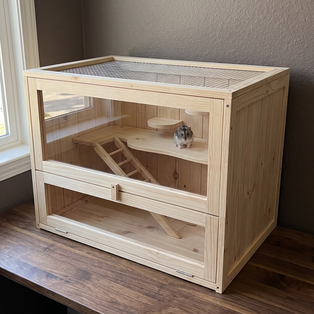 2-level wooden hamster habitat with ladder and platform, hamster inside - wrenwood hero