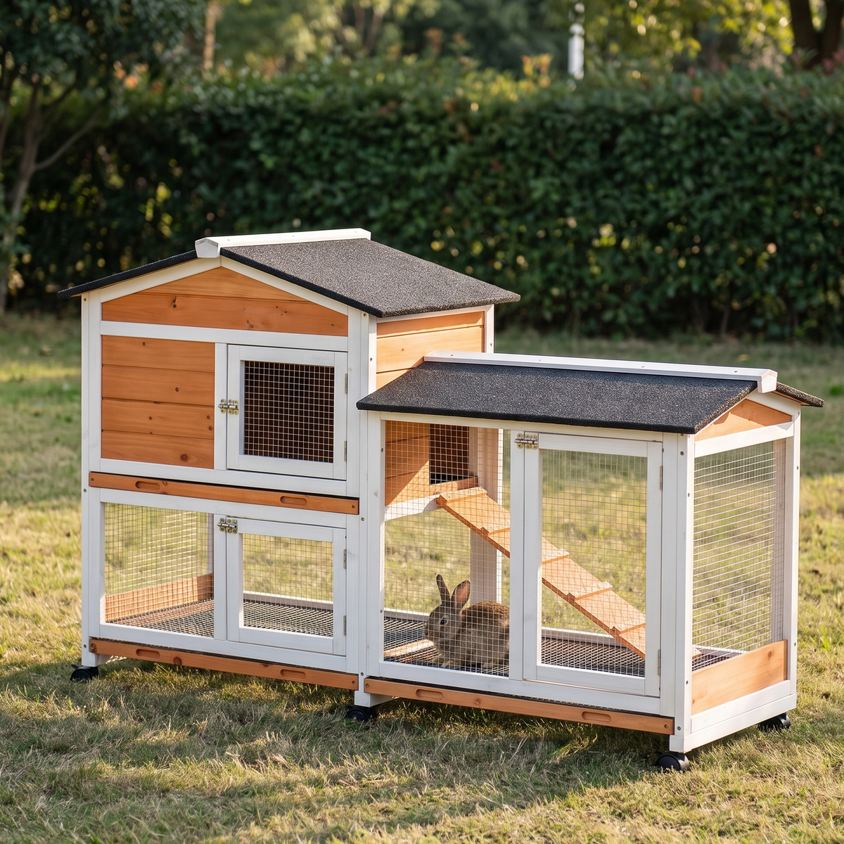 Two-tier outdoor wooden rabbit hutch with asphalt roof and run on a lawn, rabbit inside - wrenwood hero
