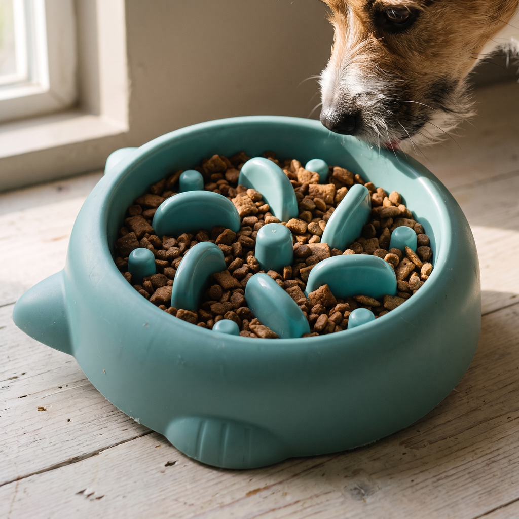 Teal slow feeder maze bowl on a kitchen floor with a dog eating - wrenwood hero