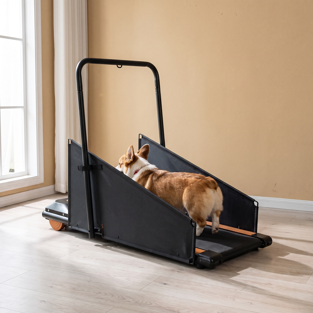 Foldable dog treadmill with a corgi walking on it in a living room - wrenwood hero
