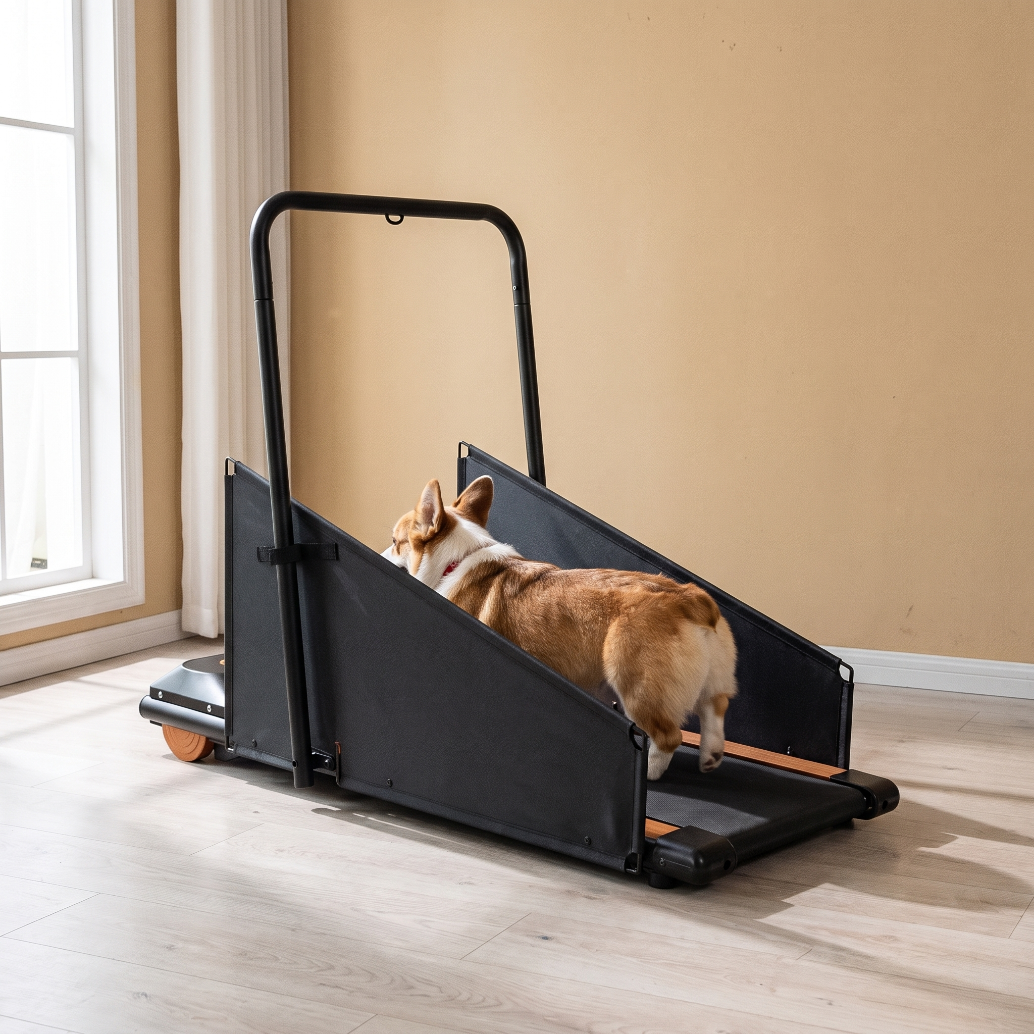 Foldable dog treadmill with a corgi walking on it in a living room - wrenwood hero