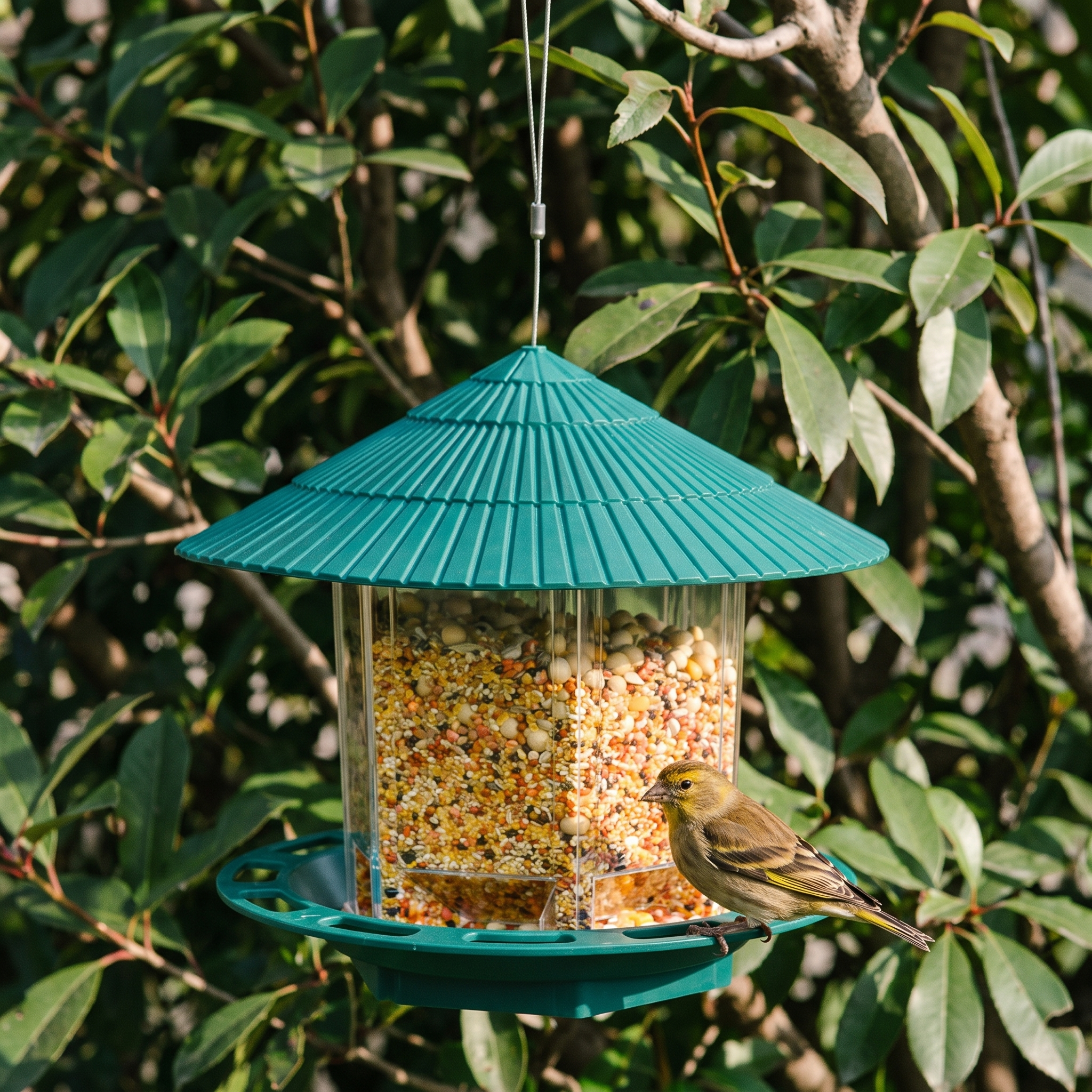 Clear gravity bird feeder with teal roof hanging in a garden - wrenwood hero