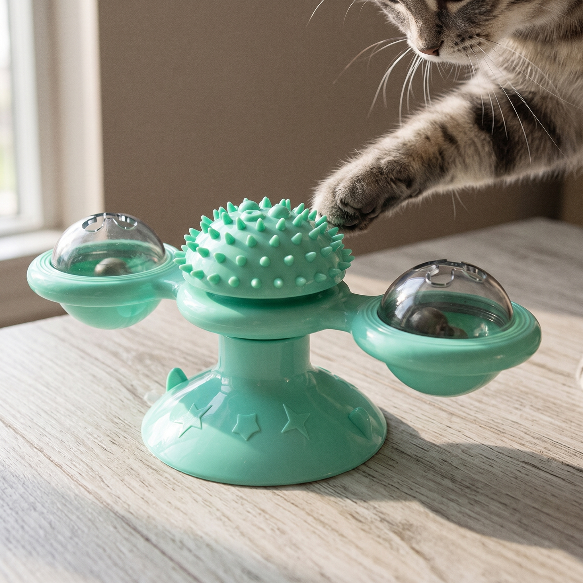 Mint green cat windmill teaser toy with a cat paw reaching in - wrenwood hero