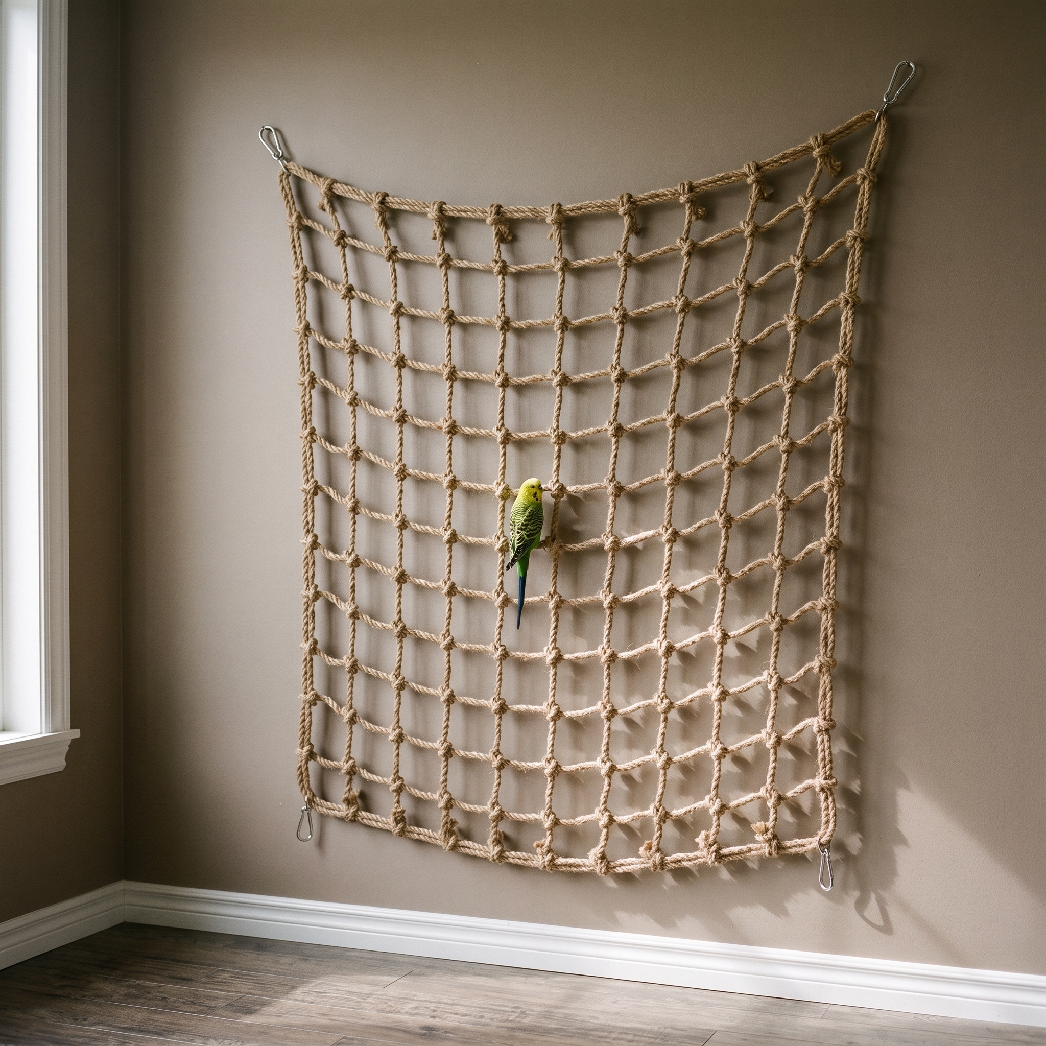 Hemp rope parrot climbing net on a wall with a budgie climbing - wrenwood hero