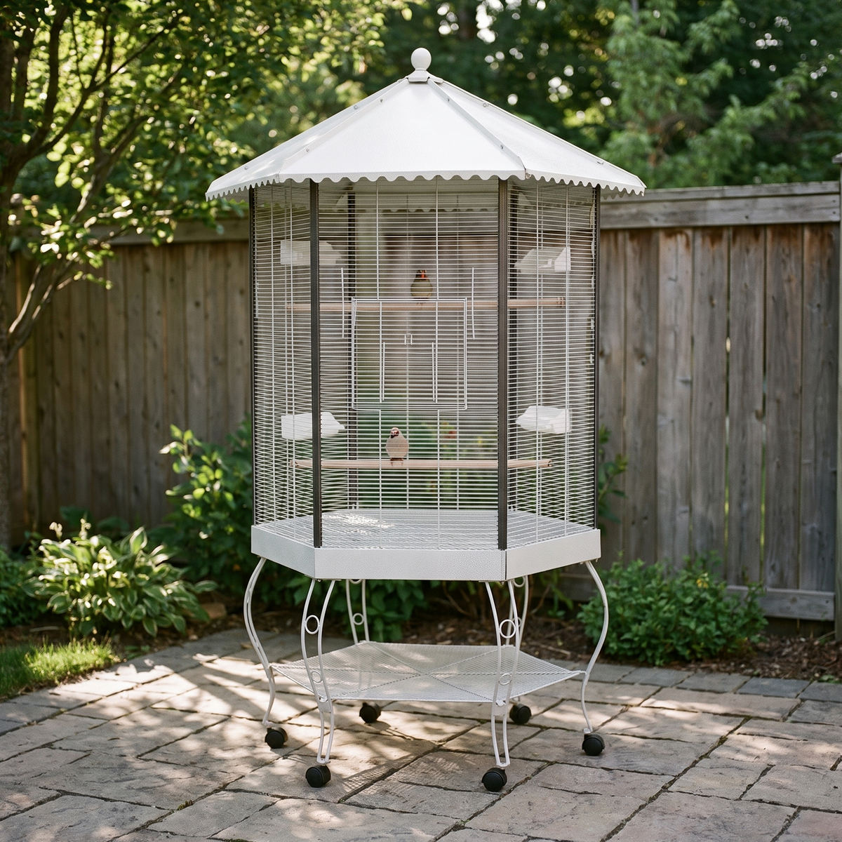 Hexagonal flight bird cage with canopy and stand on a garden patio - wrenwood hero