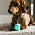 Dachshund wearing the turquoise LED safety tag on its collar - wrenwood hero