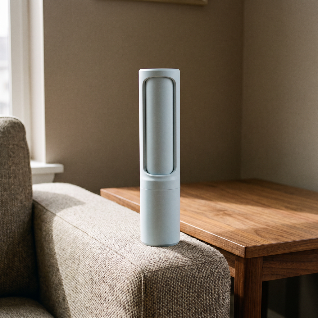 Reusable self-cleaning pet hair remover on a side table by the sofa - wrenwood hero