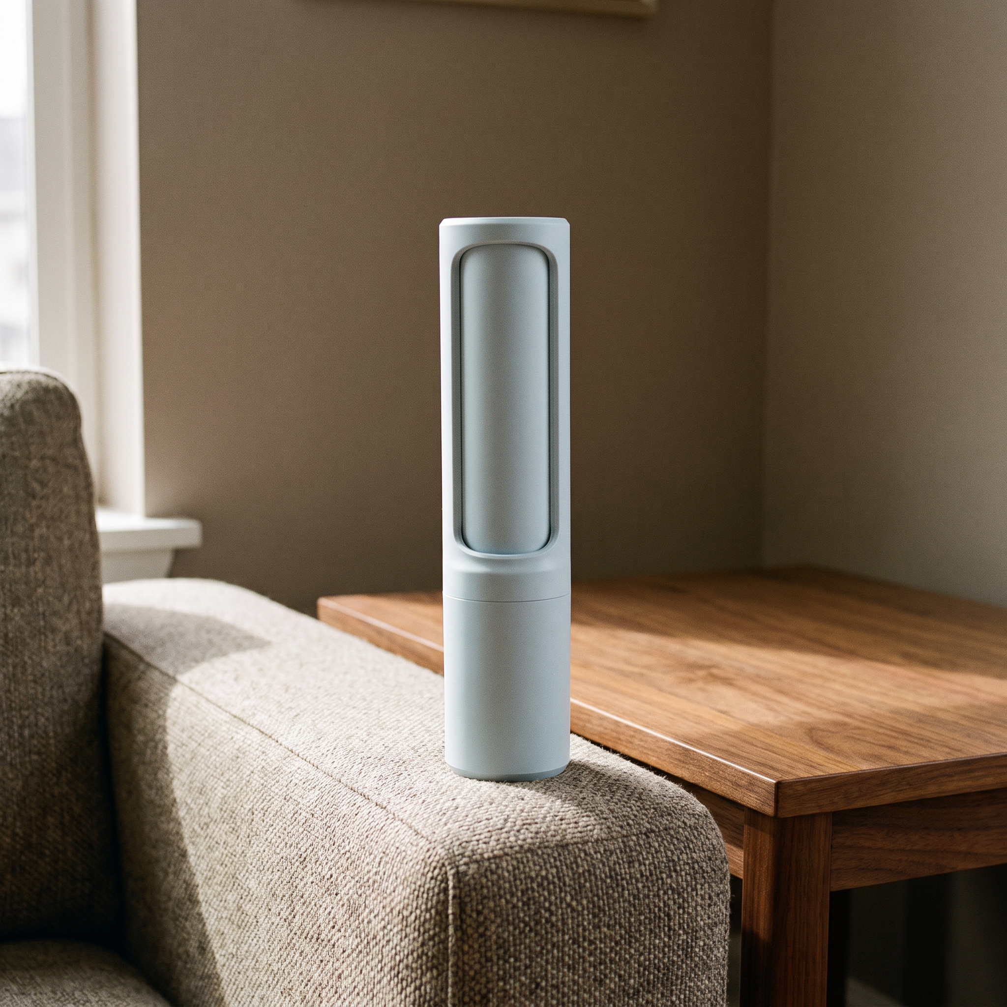 Reusable self-cleaning pet hair remover on a side table by the sofa - wrenwood hero