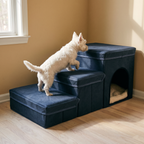 Navy plush 3-step pet stairs with a small terrier climbing - wrenwood hero