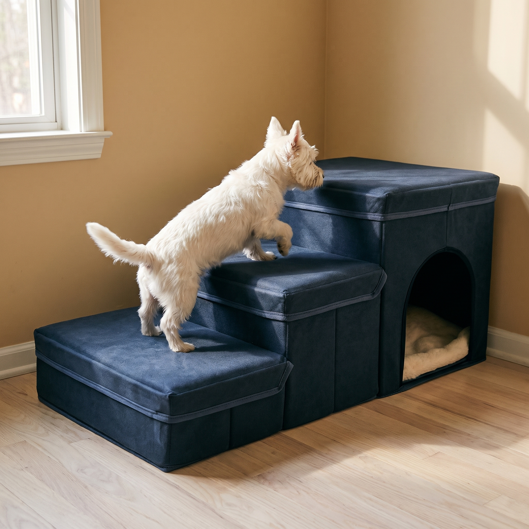 Navy plush 3-step pet stairs with a small terrier climbing - wrenwood hero