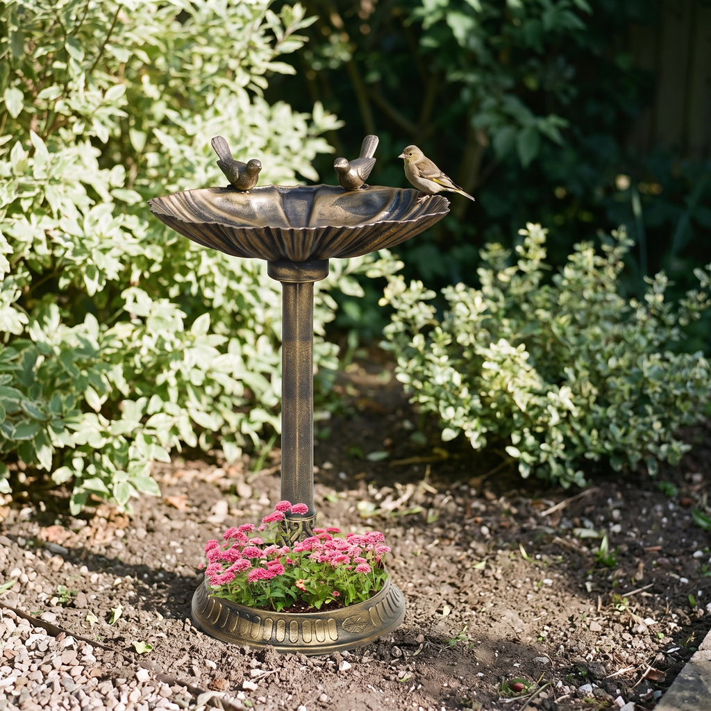 Antique bronze pedestal bird bath in a garden border with a small bird on the rim - wrenwood hero