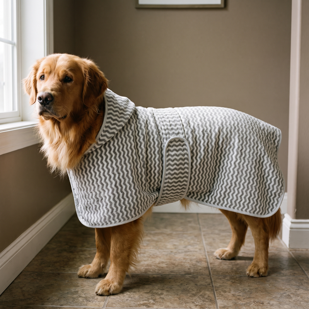 Golden retriever wearing the microfiber quick-dry pet bathrobe - wrenwood hero
