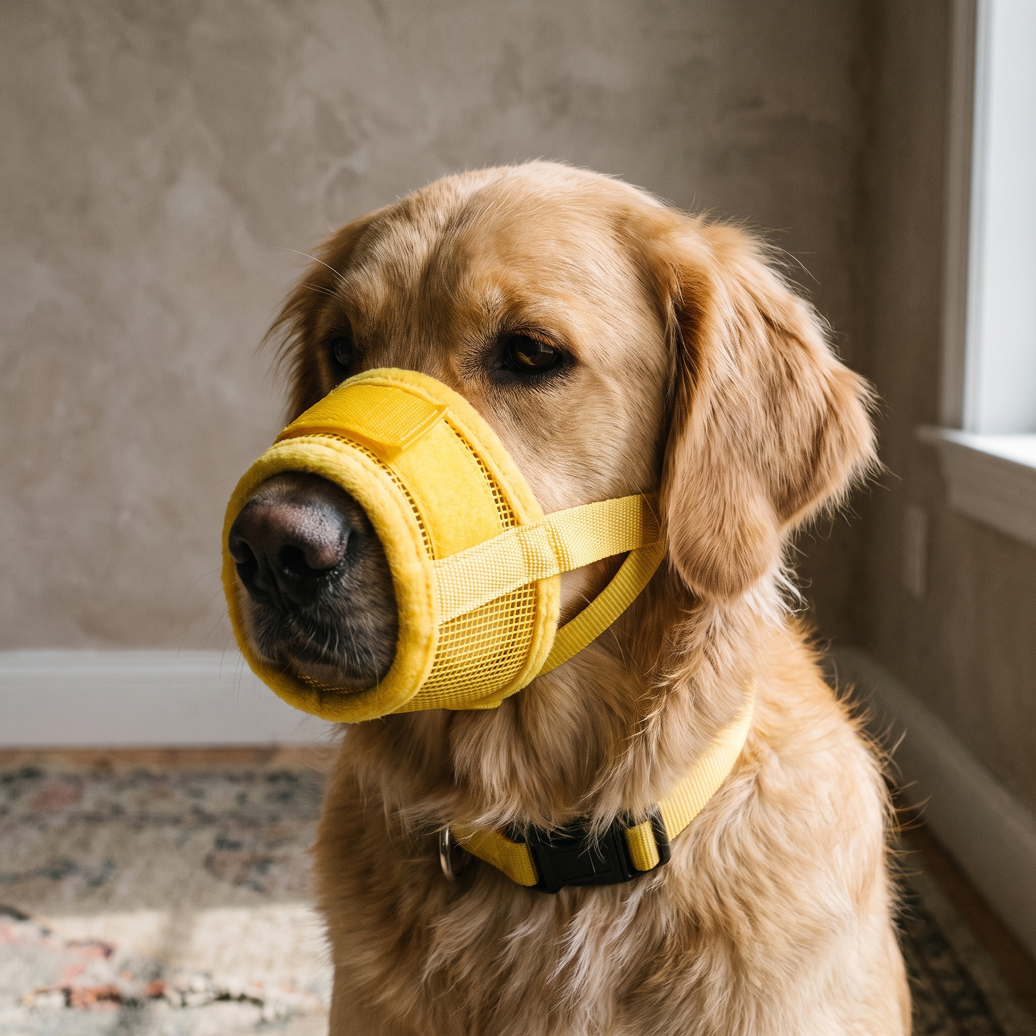 Golden retriever wearing the yellow adjustable mesh dog muzzle - wrenwood hero