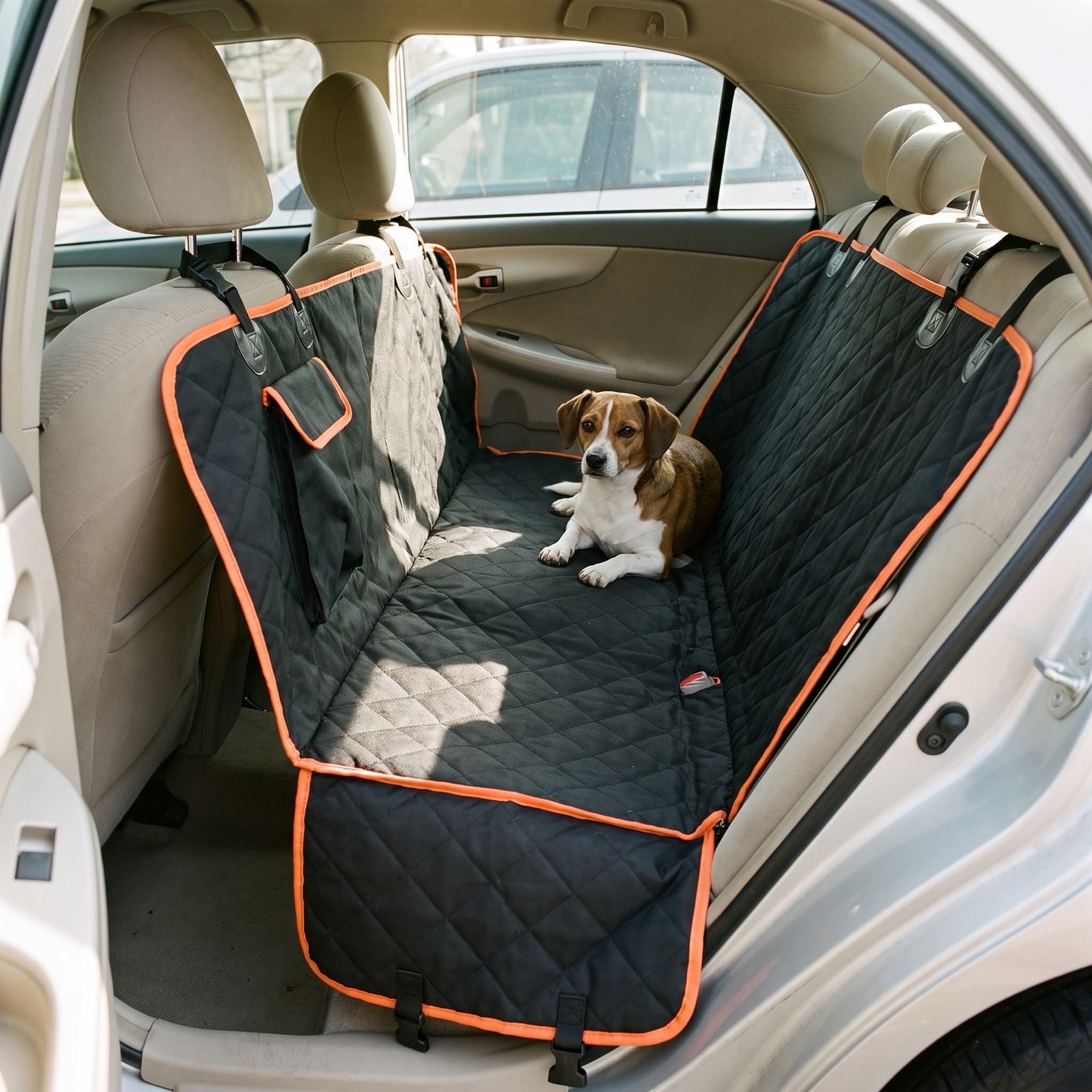 Waterproof quilted dog car seat cover fitted across a back seat with a small dog resting on it - wrenwood hero