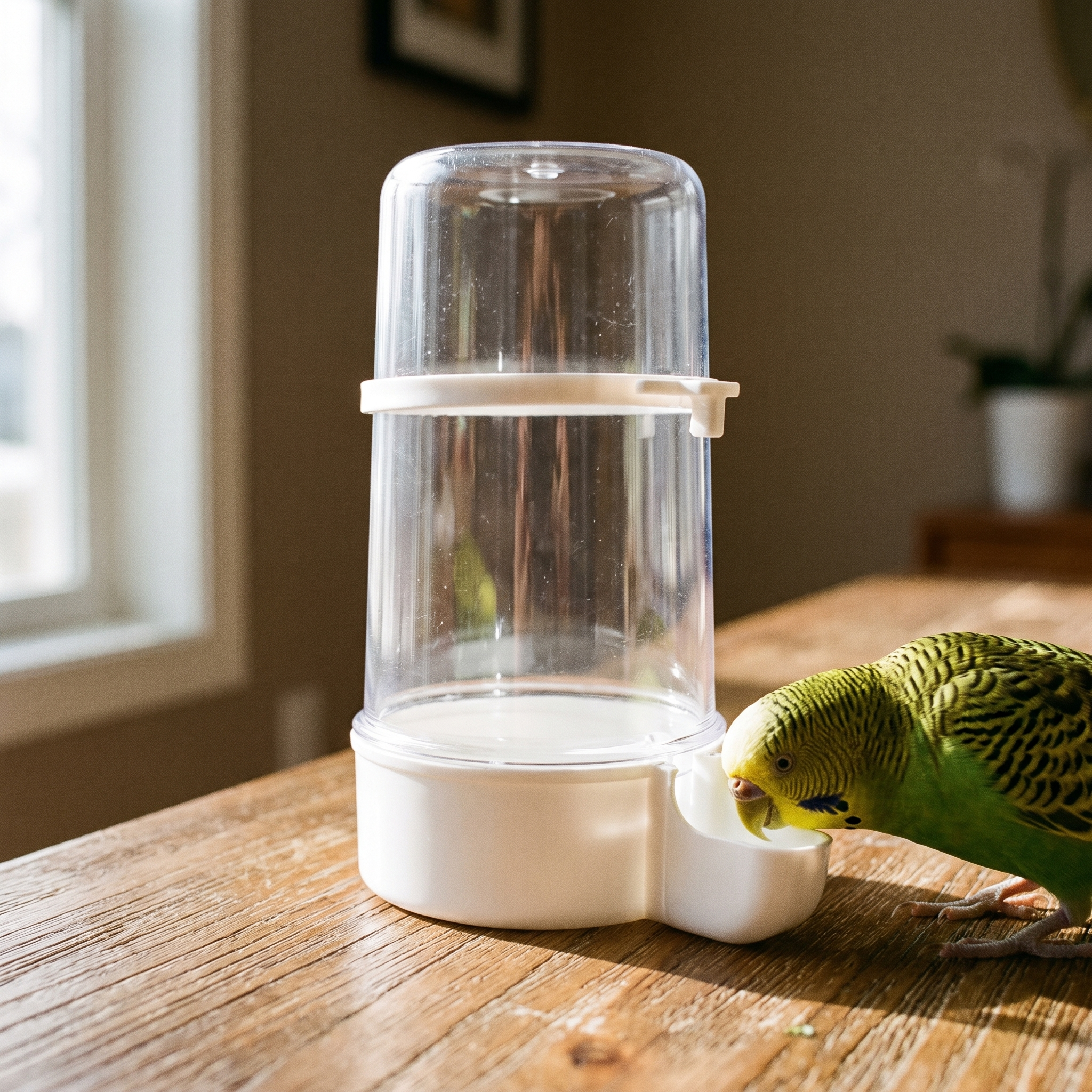 Clip-on bird cage water dispenser with a budgie drinking - wrenwood hero