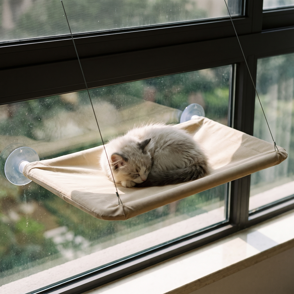 Cream suction cup cat window hammock perch with a cat asleep on it - wrenwood hero
