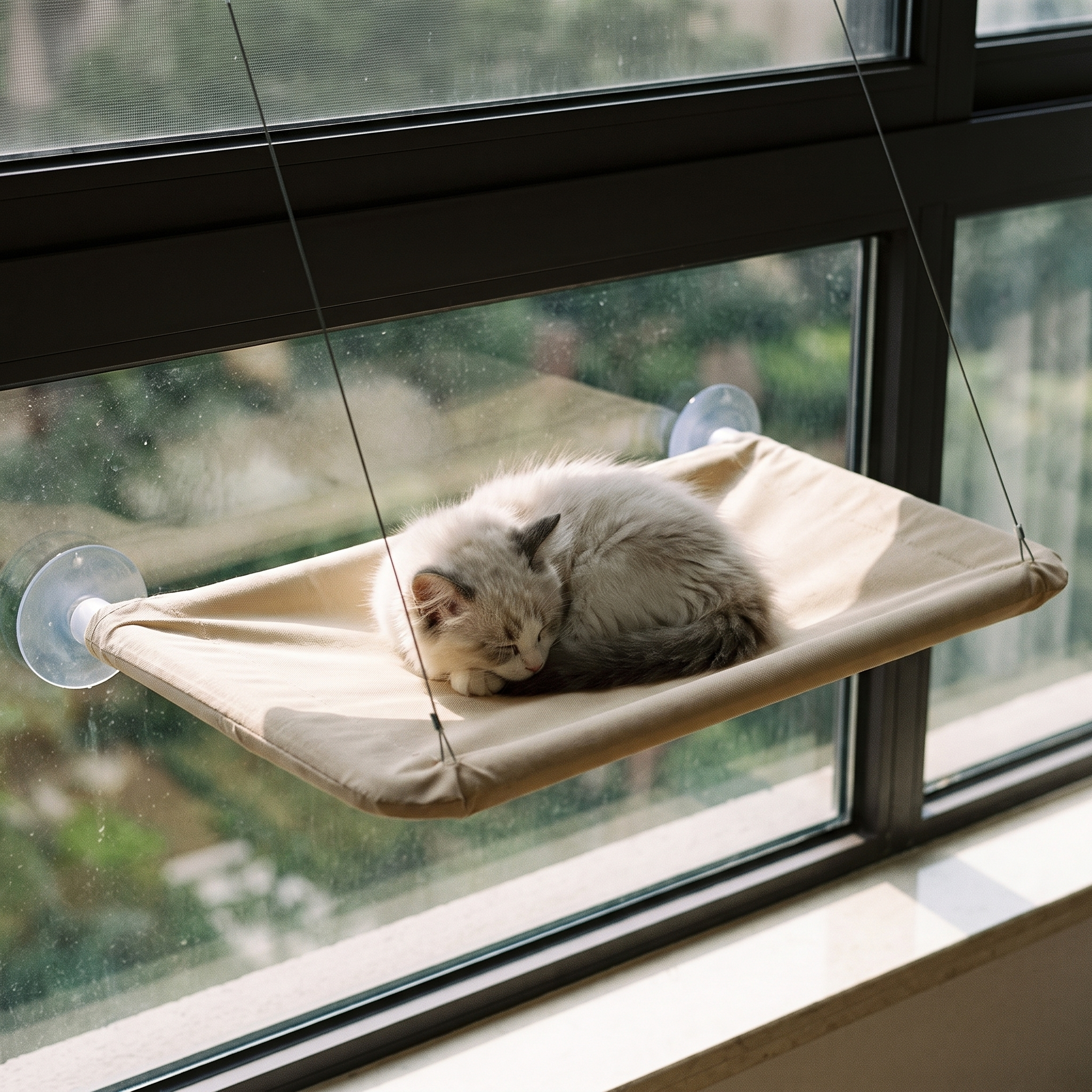 Cream suction cup cat window hammock perch with a cat asleep on it - wrenwood hero