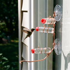 Copper window hummingbird feeder with a hummingbird feeding - wrenwood hero