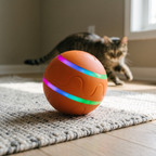 Self-rotating smart cat ball on a living room rug with a cat approaching - wrenwood hero