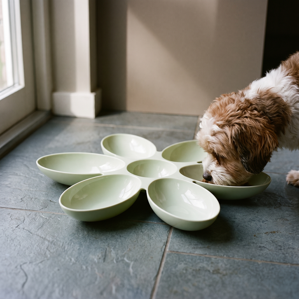 Mint green petal-shaped pet feeding bowl with a small dog eating - wrenwood hero