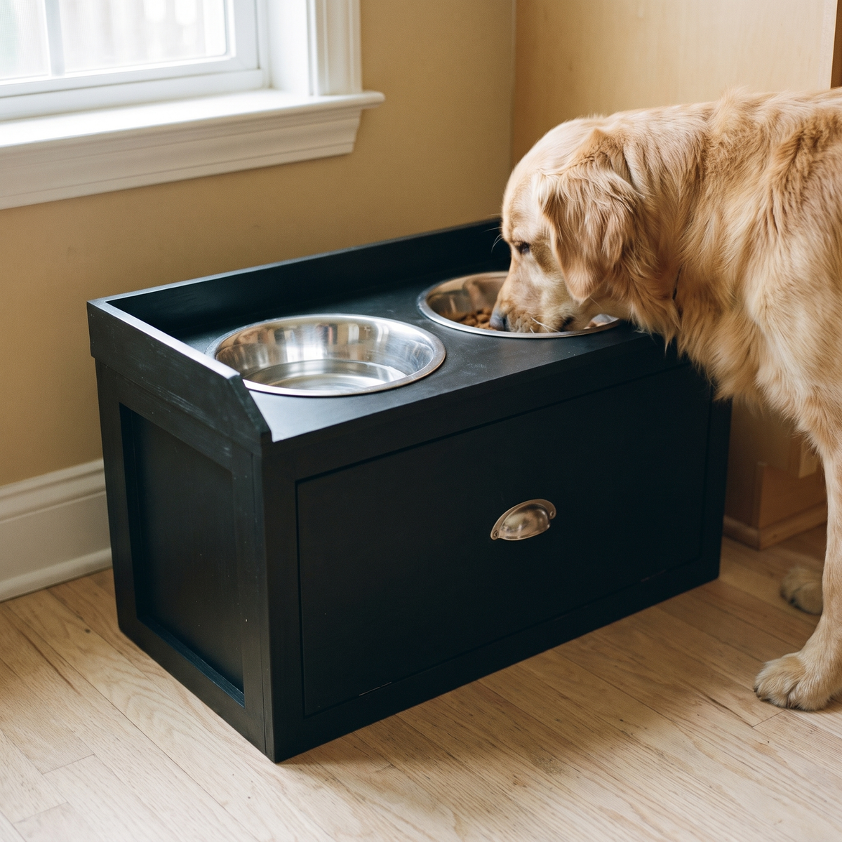 Black elevated dog feeding station with two steel bowls and storage drawer, dog eating - wrenwood hero