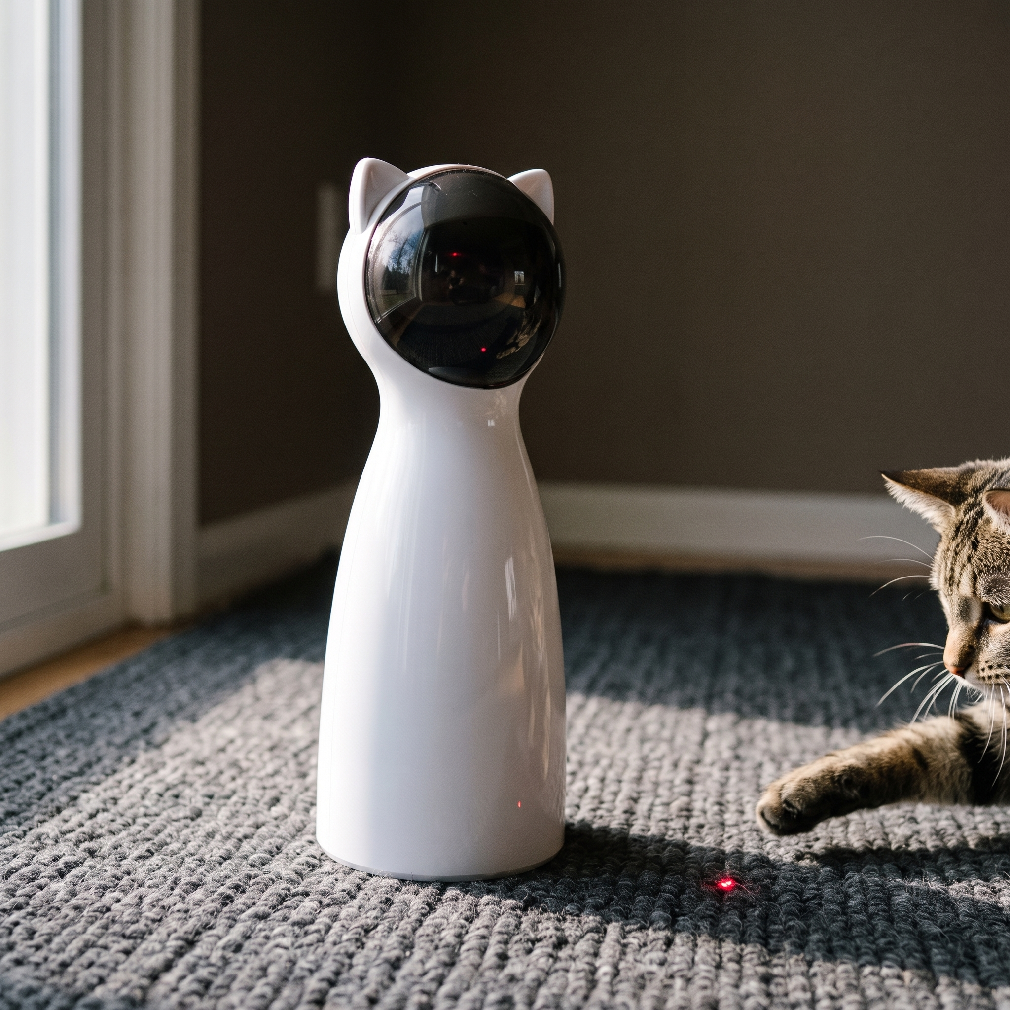 White automatic rotating laser cat toy on a rug with a cat watching the dot - wrenwood hero