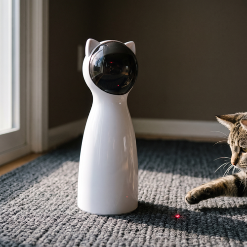 White automatic rotating laser cat toy on a rug with a cat watching the dot - wrenwood hero